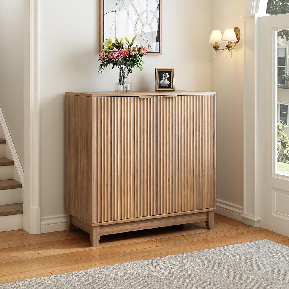 Fluted Accent Cabinet with Doors and Shelves Modern Wood Storage Cabinet for ...