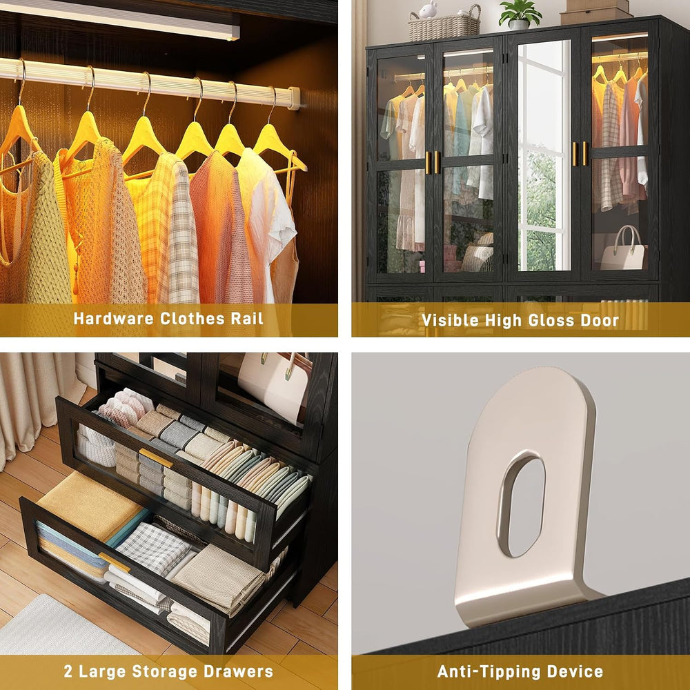 4 Doors Armoire Wardrobe Closet with LED and Mirror,71" H Freestanding W...