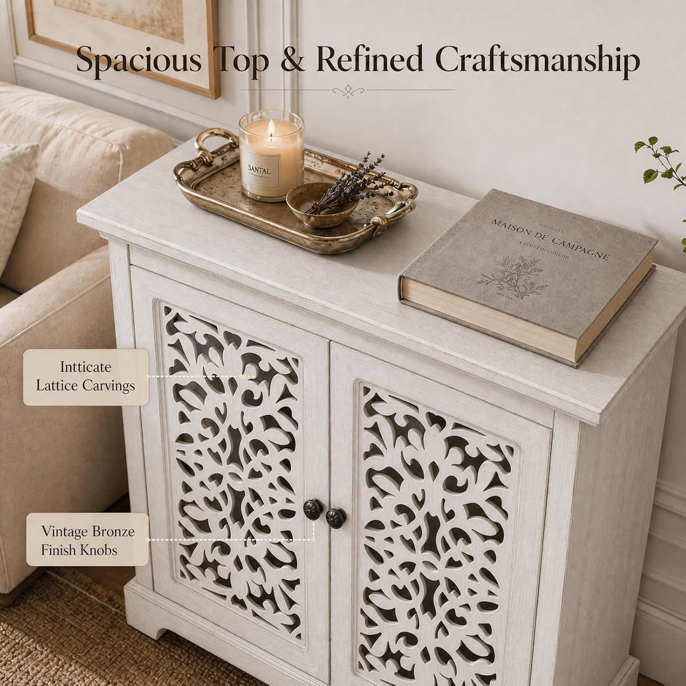 31.5" White Accent Cabinet with Carved 2-Door Storage