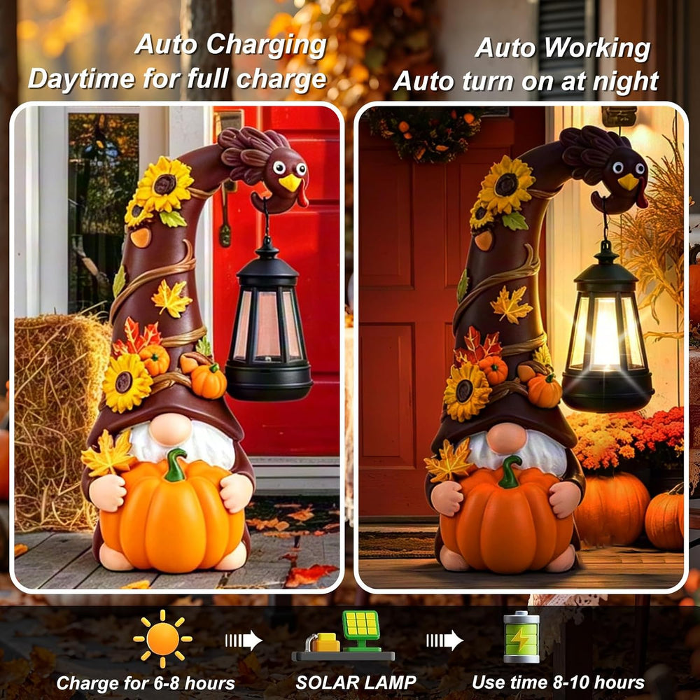 Thanksgiving Fall Turkey Pumpkin Gnome Statue with Solar Lights