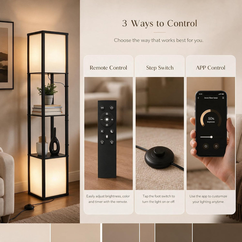 Dual Head Floor Lamp with Shelves, Dimmable, Remote, for Living Room