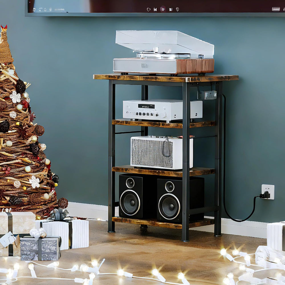 Homeiju 4-Tier AV Media Stand with Power Outlet, Wooden Record Player Stand, ...