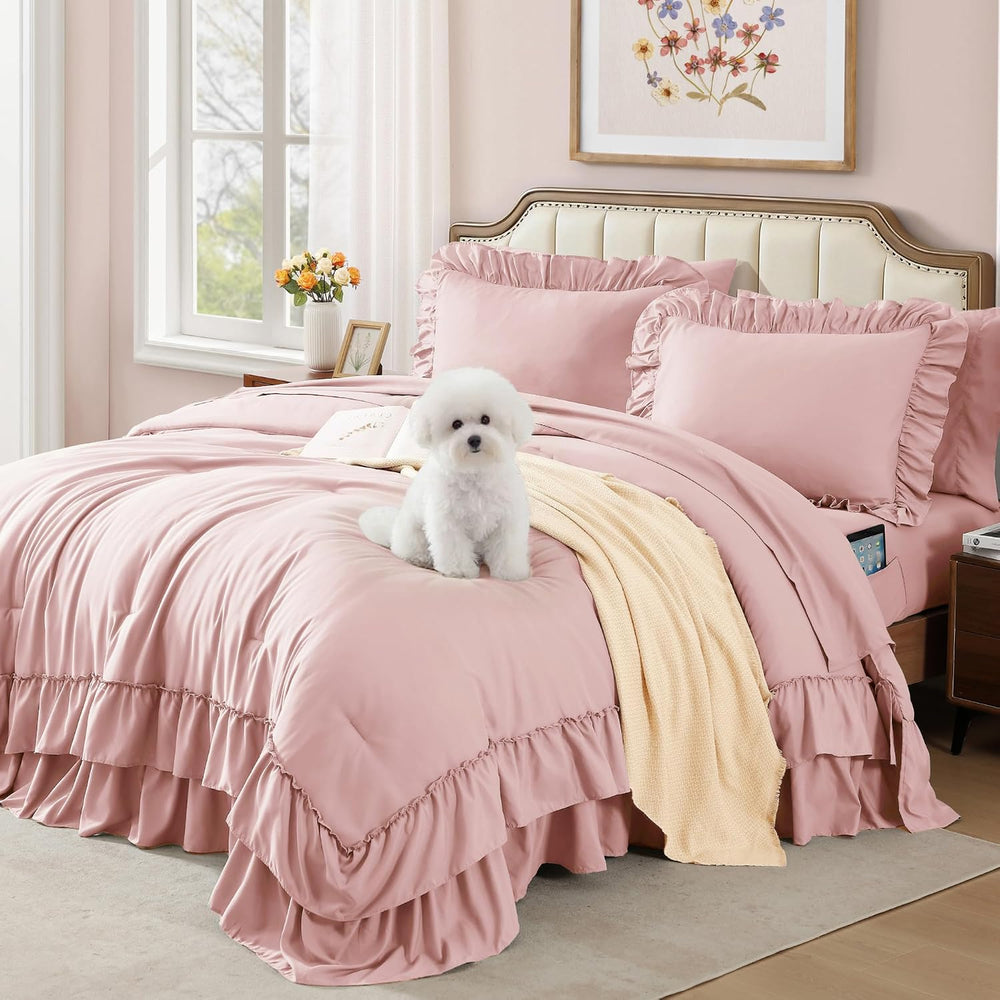 King Size Comforter Set Soft Pink Ruffle 7 Pieces Farmhouse Bed in a Bag