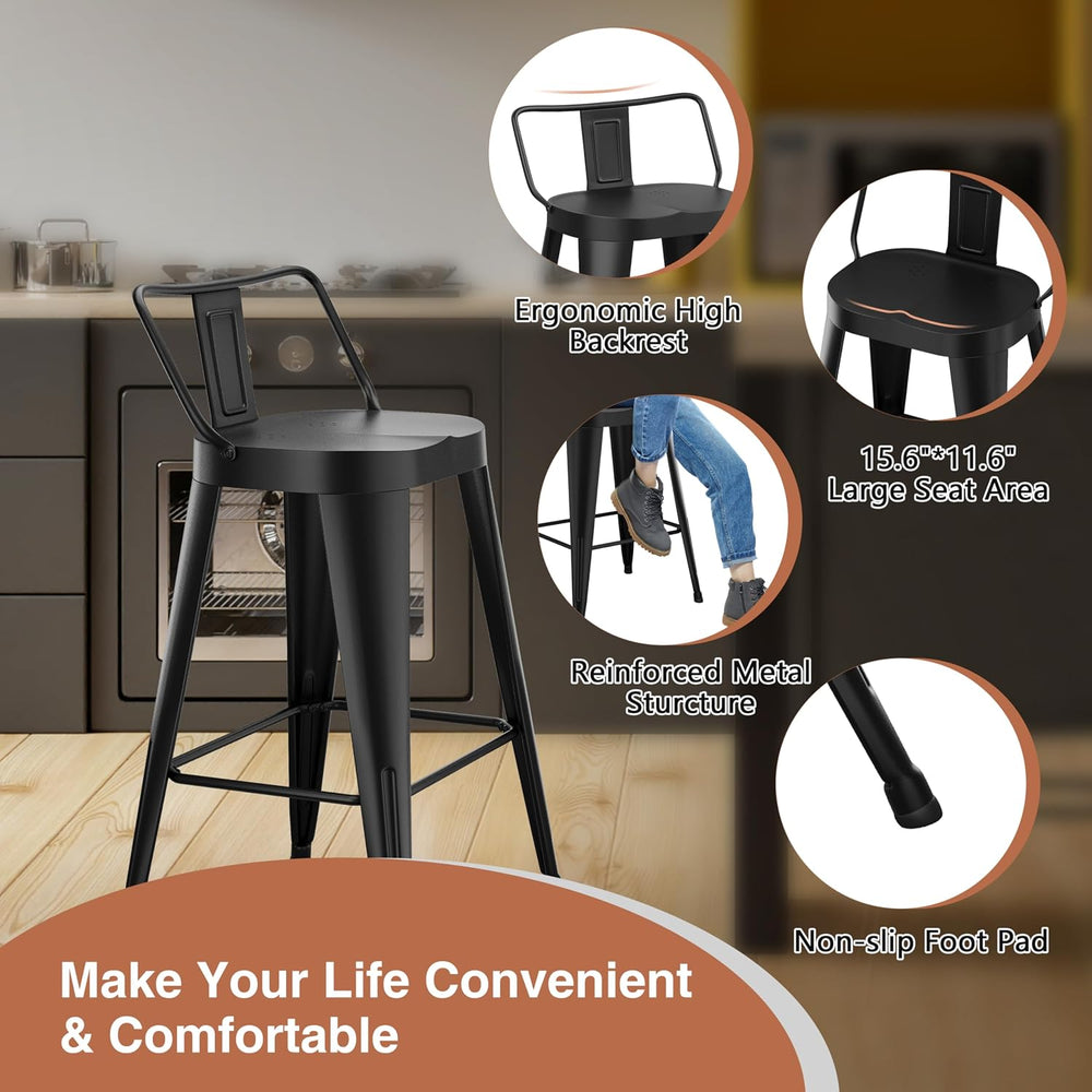 ALISH Bar Stools Set of 4, 24 Inch Counter Height Stools with Back, Black