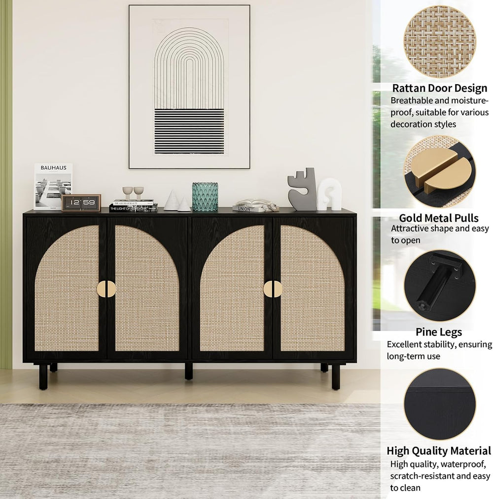 Sideboard Buffet Cabinet with Storage - Rattan 4 Door Cabinet, Accent Storage...