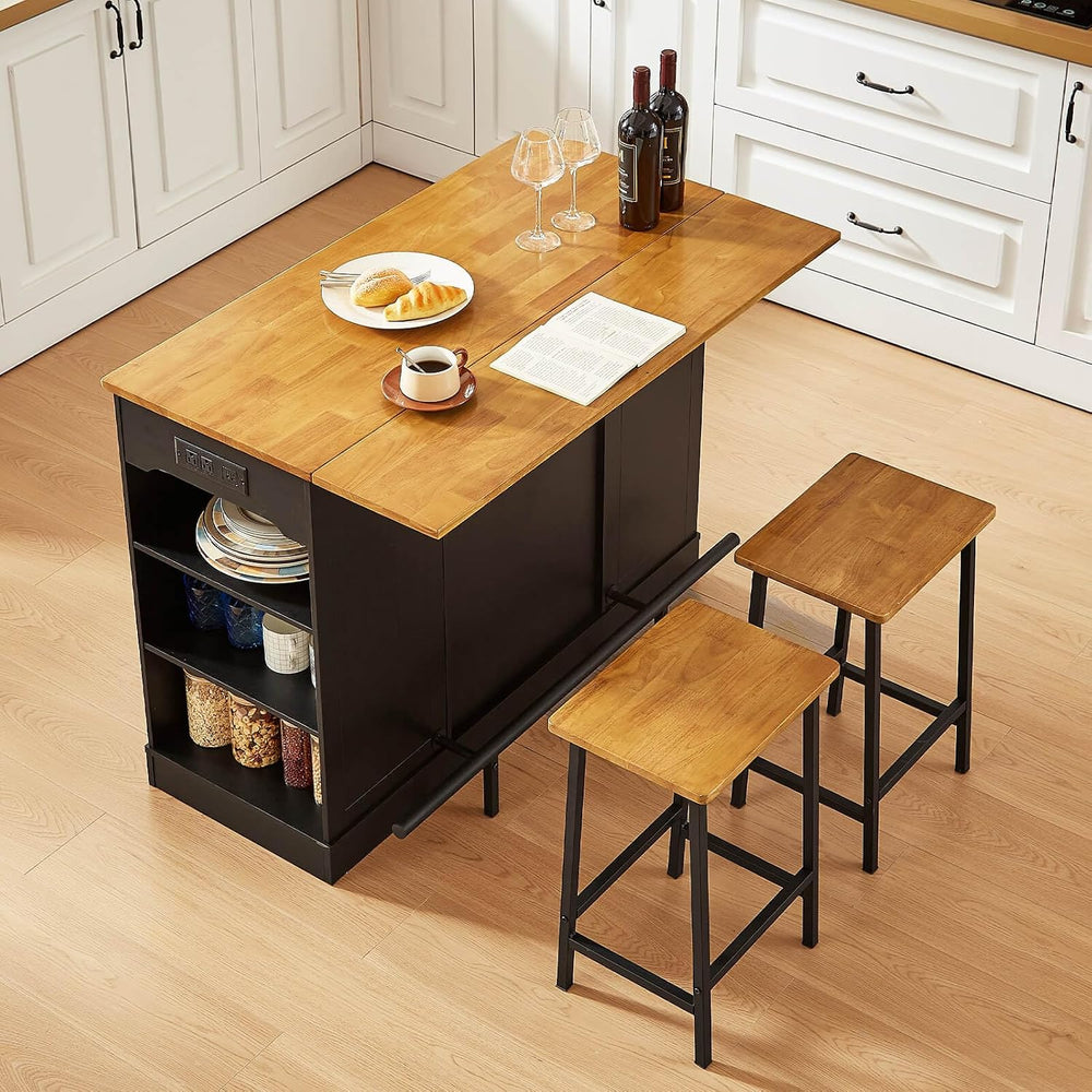ONBRILL 47" Kitchen Island with Trash Can Storage, Include 2 Chairs, Black