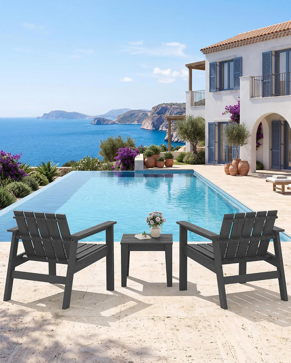 SERWALL Low Back Bistro Set-utdoor Adirondack Chairs and Side Table-Gray