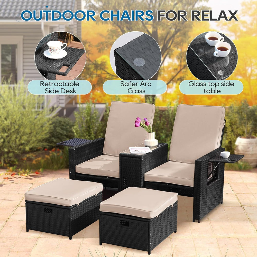 5PCS Outdoor Wicker Chaise Lounge Chair - Rattan Adjustable Reclining Patio L...