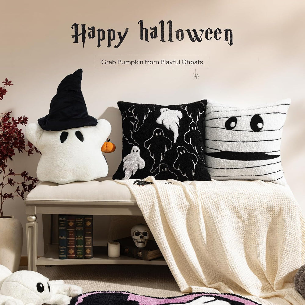 Phantoscope Halloween Ghost Shaped Throw Pillow, Faux Rabbit Fur Spooky Pillo...