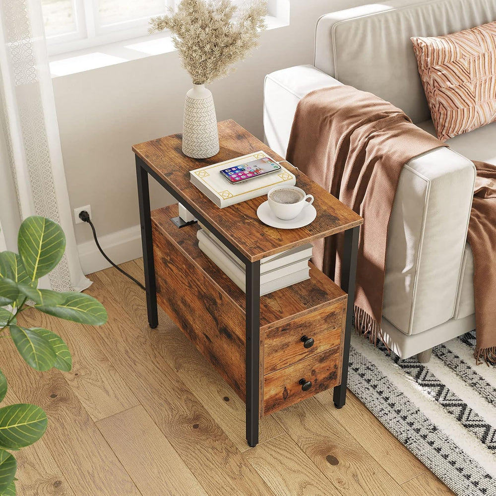 HOOBRO Set of 2 End Tables with Charging Station, Narrow Side Table with Draw...