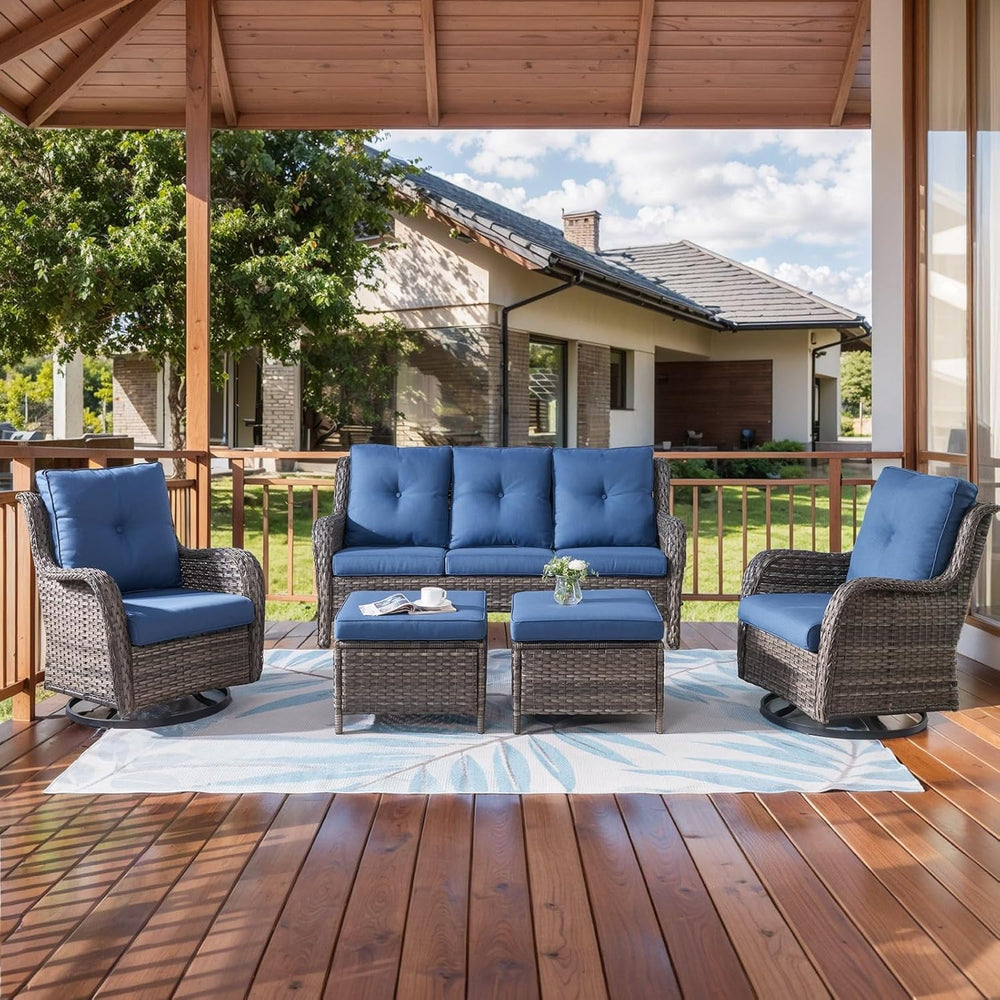 HUMMUH 5 Piece Wicker Patio Set, Sofa & Swivel Rockers, Grey/Blue