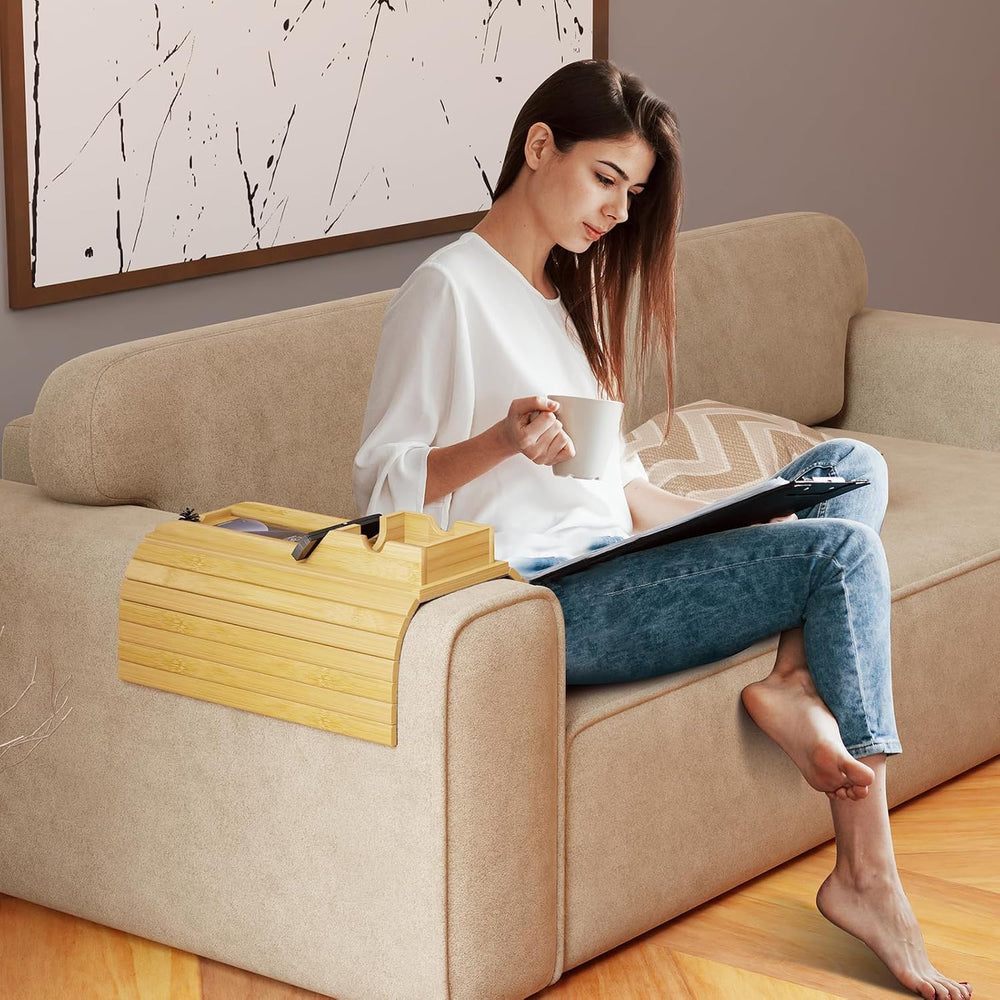 Bestjing 2 Pack Sofa Armrest Tray with Detachable Cup Holder Tray (Bamboo)