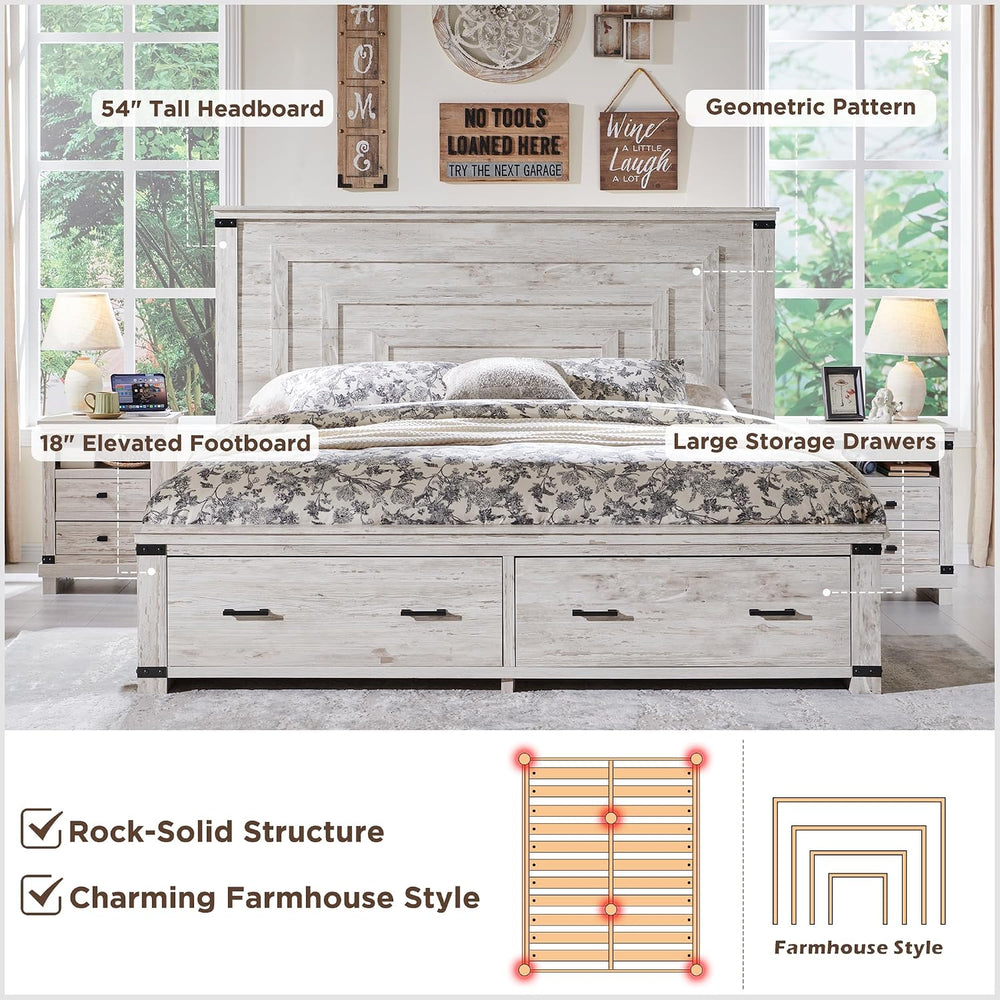 RedLemon 54" Farmhouse Queen Bed Frame with headboard, Antique Brush White