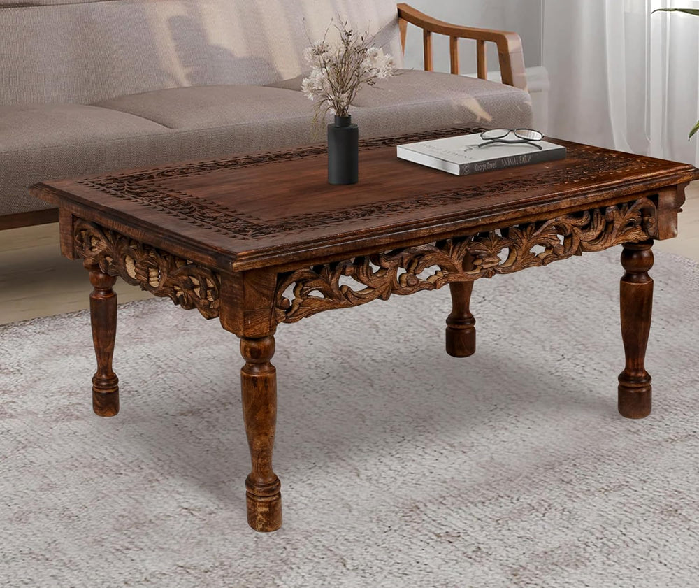 Coffee Table in Solid Wood With Hand Carving 38x24x18"_Burnt Rectangular