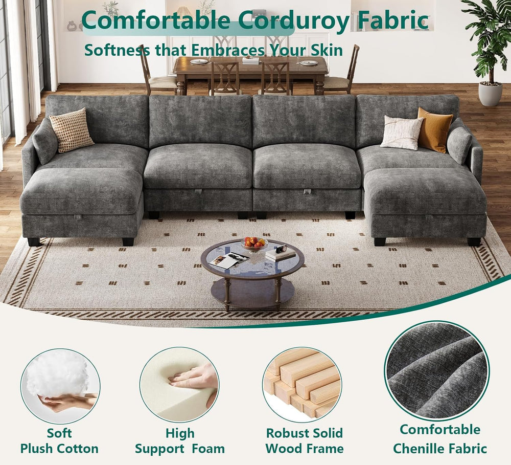 Modular Sectional Sofa, 132" U Shaped Couch with Storage, Chenille