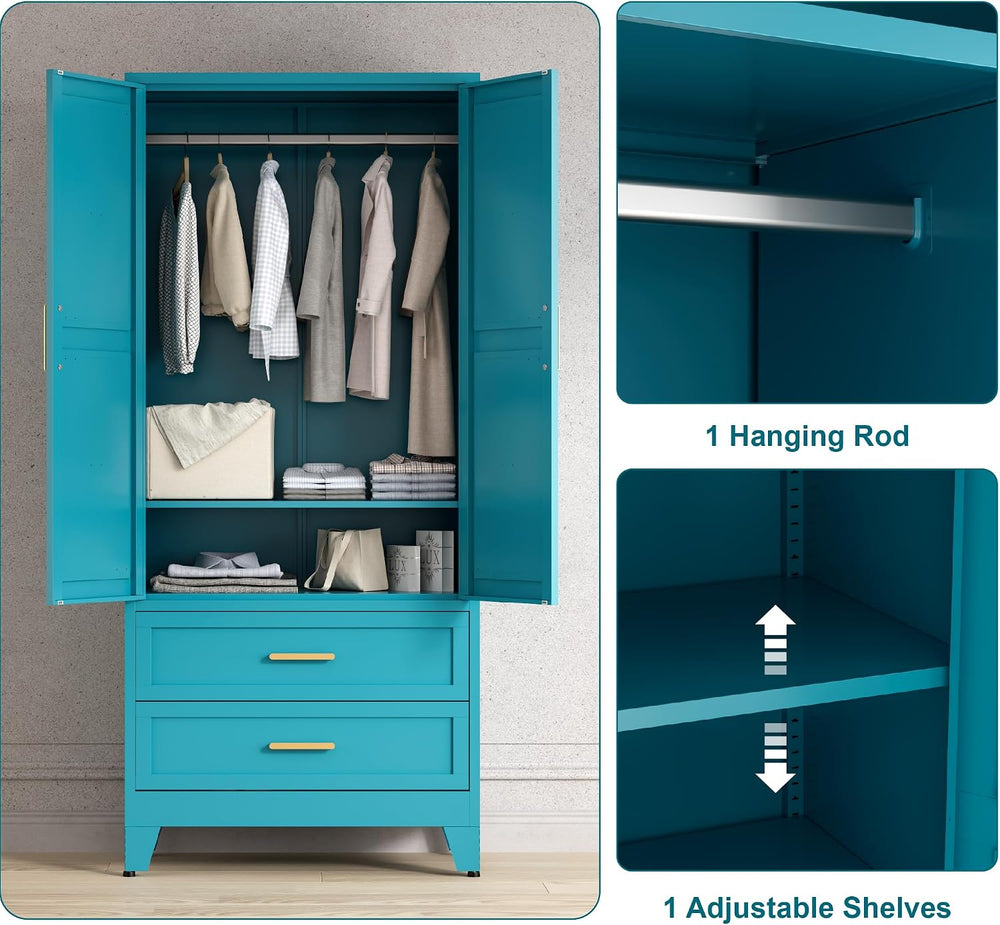 Washsemba 71'' Farmhouse Metal Wardrobe Cabinet with Hanging Rod, 2 B...