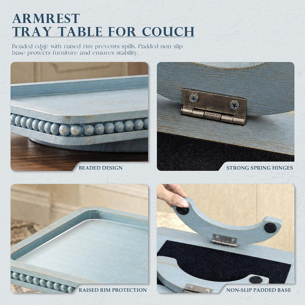 EOSAHR Farmhouse Couch Tray: Foldable Sofa Arm Tray for Drinks & Snack,Blue