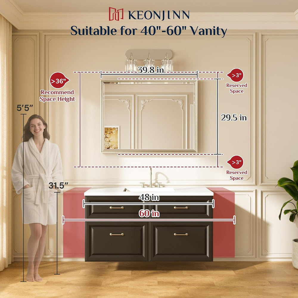 Keonjinn 40" x 30" Brushed Nickel Bathroom Vanity Mirror, HD Temper...