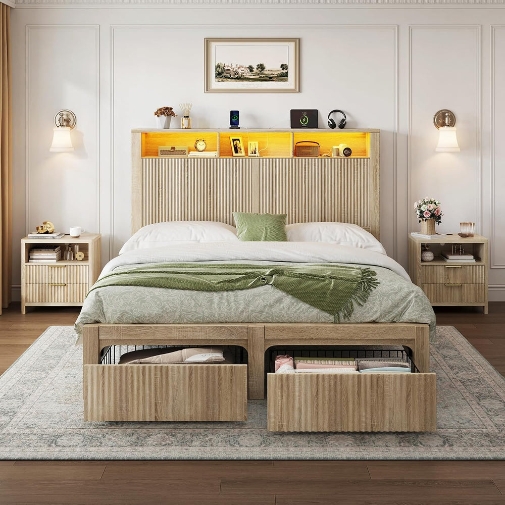 CypBed Full Size Bed Frame with Storage Headboard and 2 Drawers,Wood