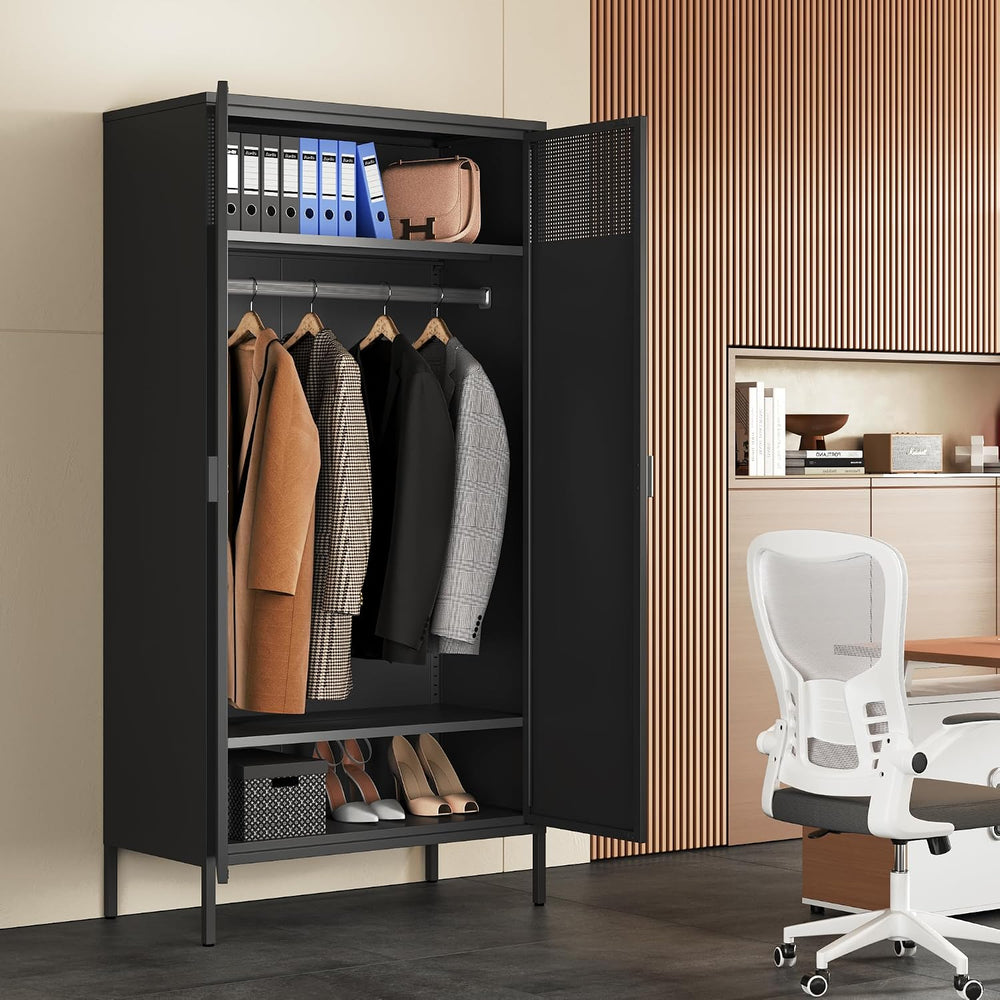 Ustamio 71 Inches Black Metal Wardrobe Cabinet with Hanging Rod, Metal Armoir...