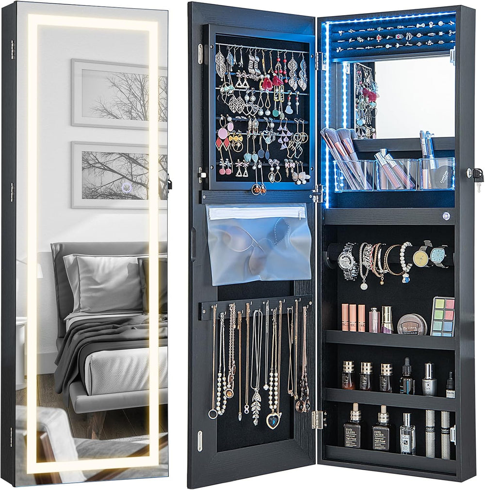 CHARMAID LED Mirror Jewelry Cabinet, Wall or Door Mounted, Black