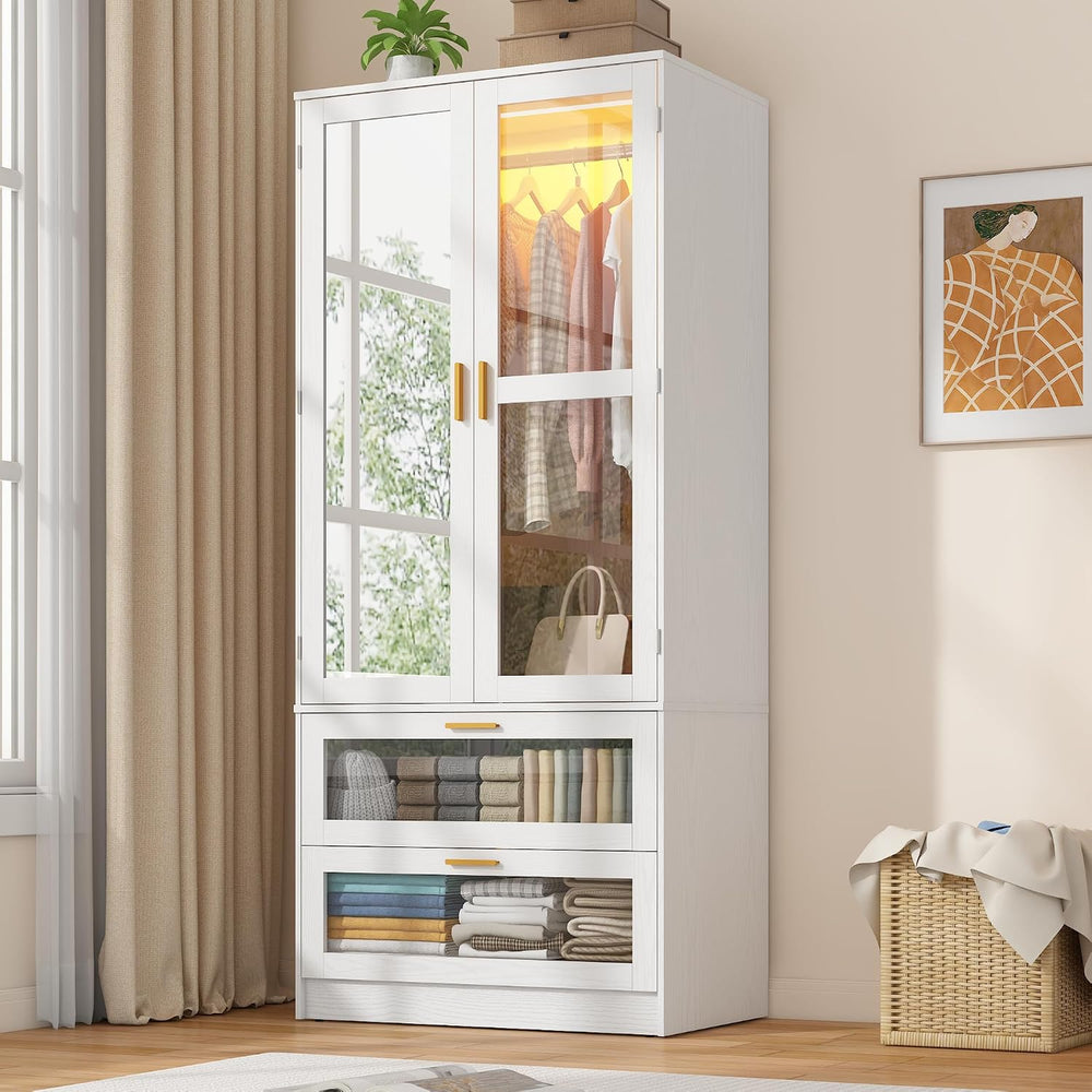 2 Doors Armoire Wardrobe Closet with LED and Mirror,71" H Freestanding W...