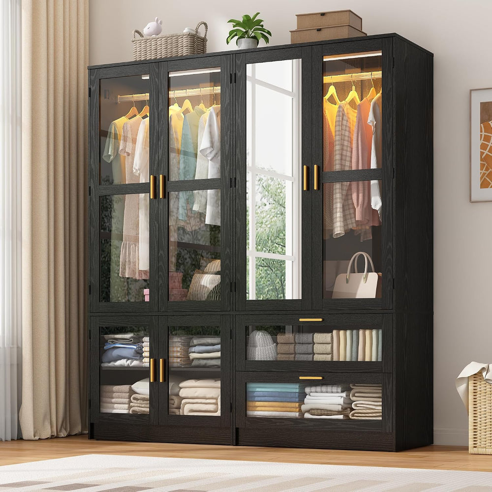 4 Doors Armoire Wardrobe Closet with LED and Mirror,71" H Freestanding W...