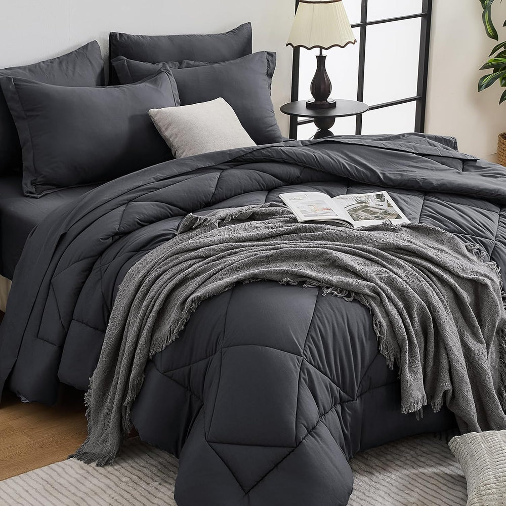 HEVUMYI 7-Piece California King Comforter Set, Dark Grey Bed in a Bag