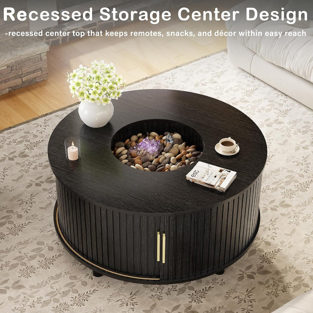 LVB Black Coffee Table Round, Wood Living Room Table with Storage for Home