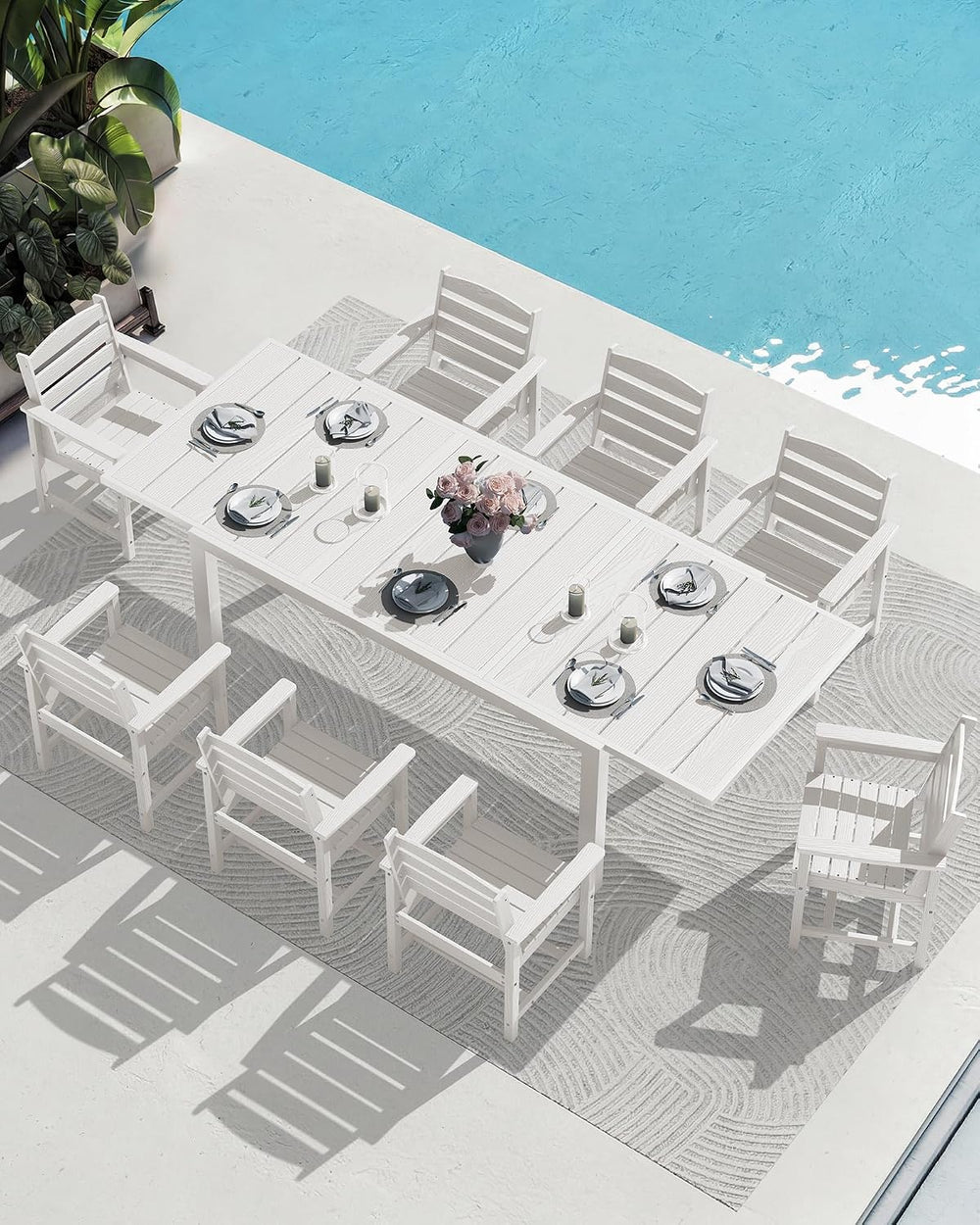 SERWALL 60" - 83" Expandable Outdoor Dining Table and 6 HDPE Chairs...