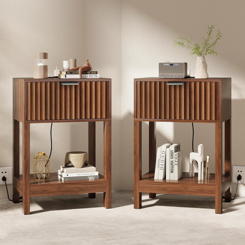 Nasonet Night Stand Set 2, Fluted Nightstand with Charging Station, Wood Beds...