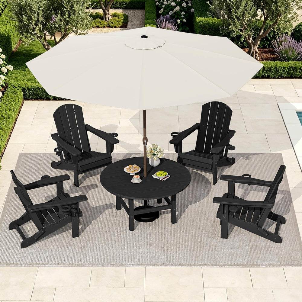 SERWALL 35.5'' Round Outdoor Coffee Table with Umbrella Hole,Black