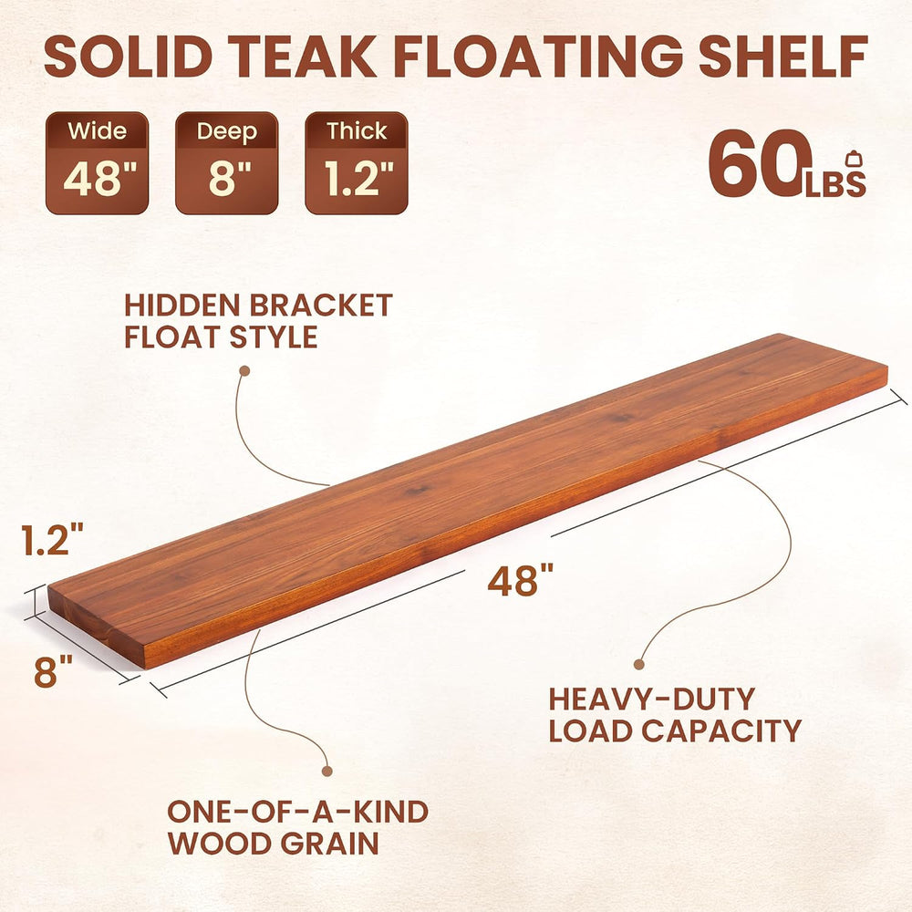 48" Solid Teak Floating Wall Shelf, Water Resistant & Sturdy Decor
