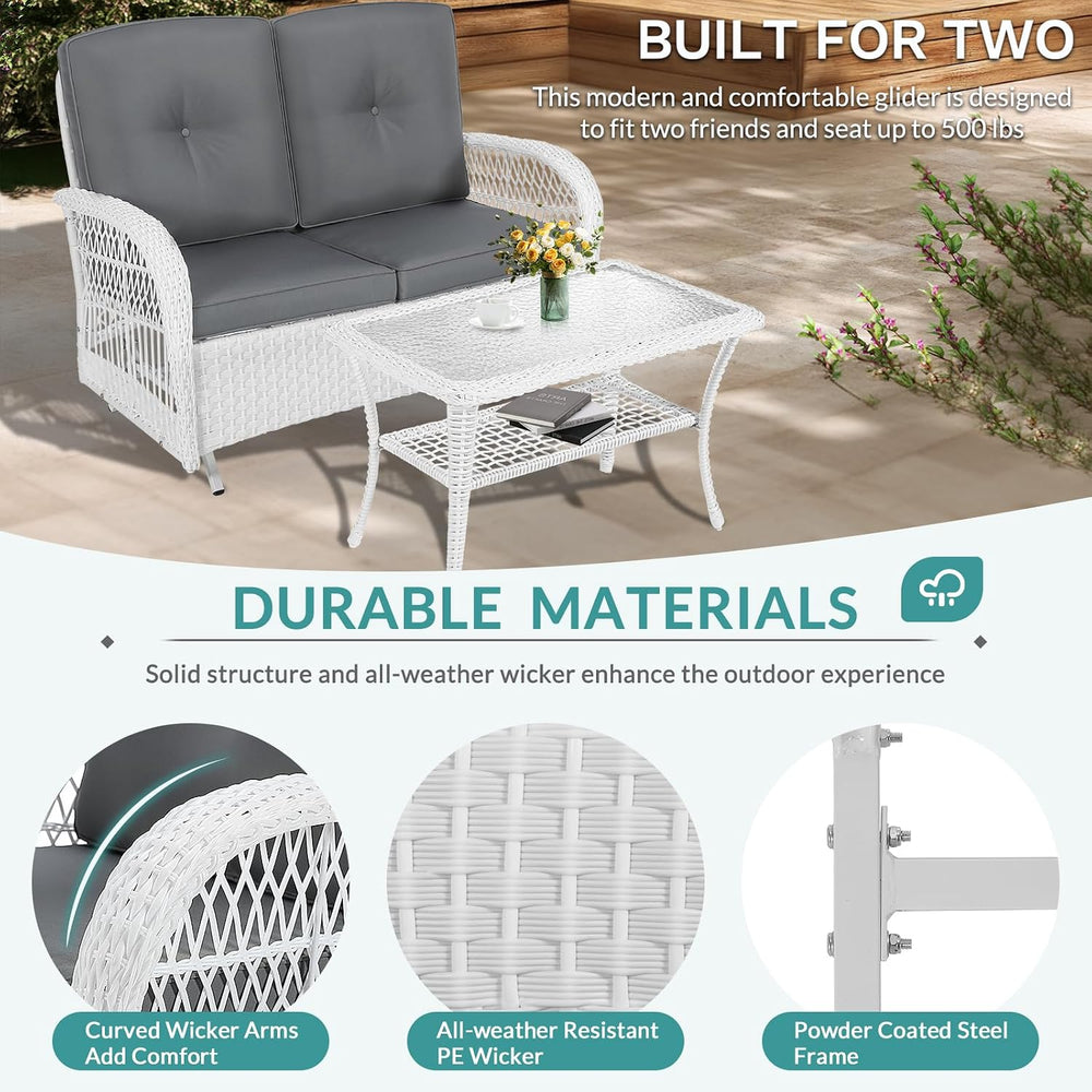 MEETWARM Outdoor Wicker Patio Glider Set, Loveseat for 2 Person Porch Furnitu...