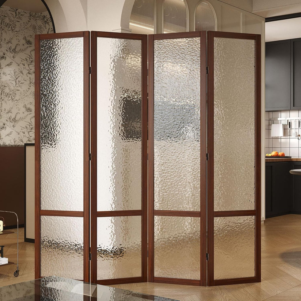 Svimi Acrylic Room Divider, Frosted 4-Panel Folding Screen, Walnut