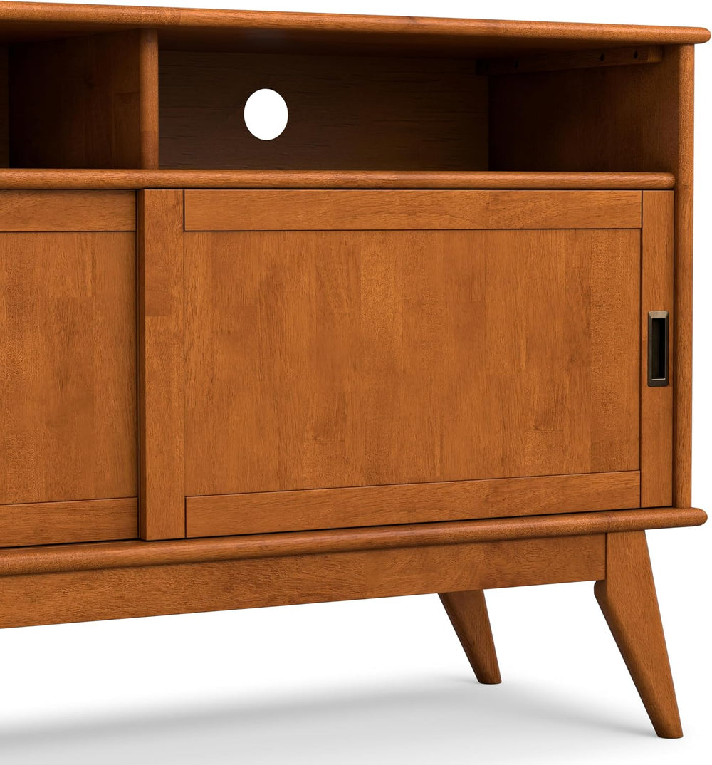 SIMPLIHOME Draper 54" Wide Solid Wood TV Stand in Teak Brown