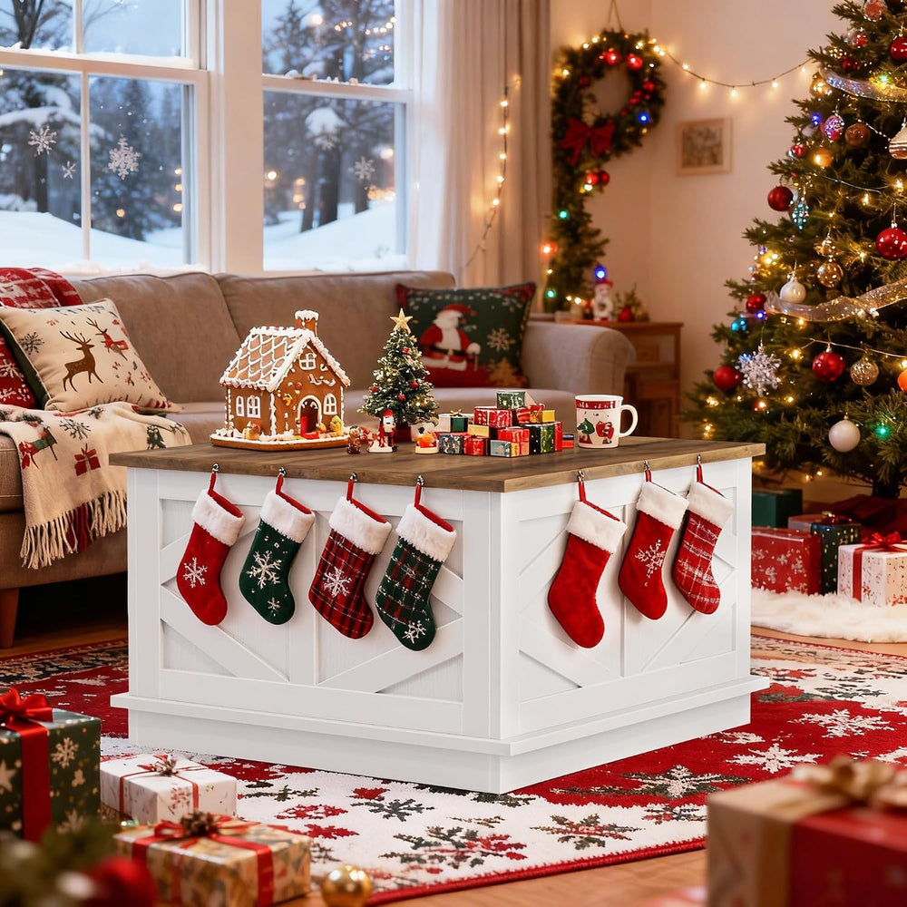 YESHOMY 31.5 Inch Square Farmhouse Coffee Table with Storage, White