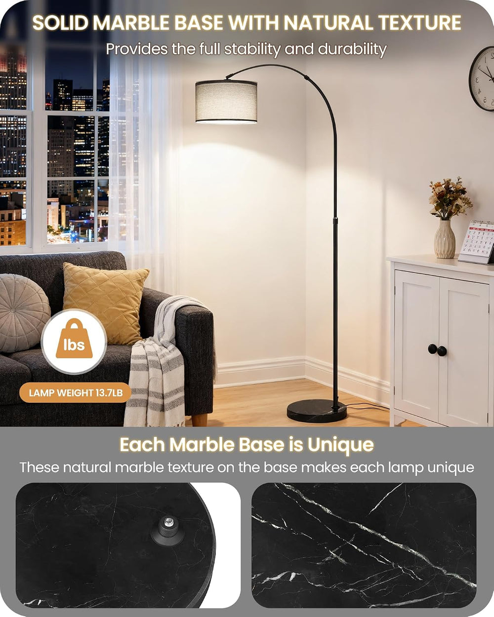 75" Dimmable Gray Arc Floor Lamp with Marble Base and Adjustable Height