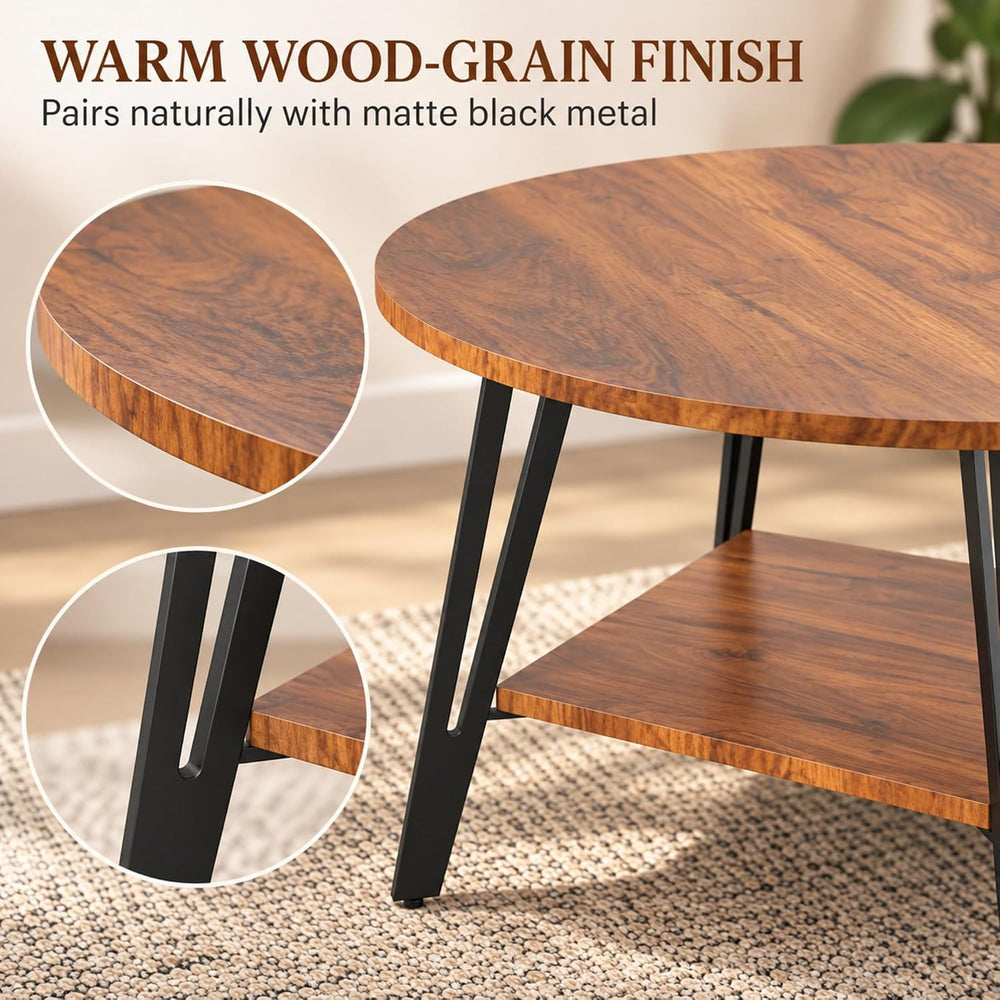 Manora 28" Round Coffee Table for Living Room, Storage Shelf, Rustic Brown
