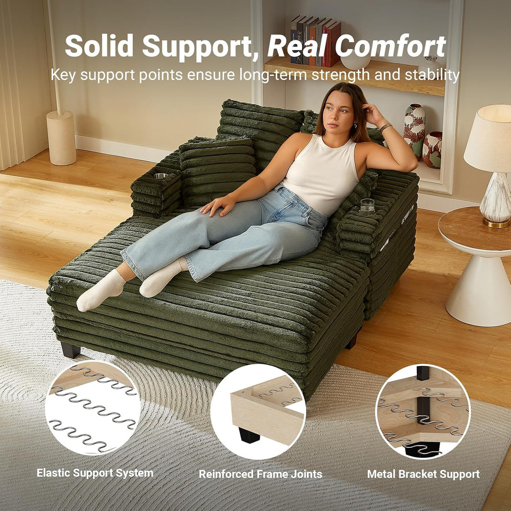Amsleekey 64" Oversized Chaise Lounge Chair with Wood Frame, 2 Cup Holders