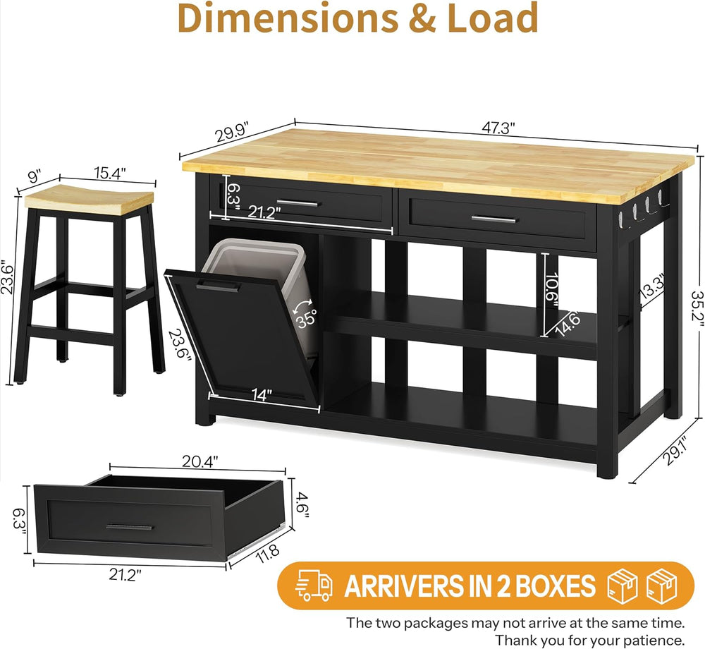 DynJest 47" Solid Rubberwood Top Kitchen Island with Storage, 2 Bar Stools