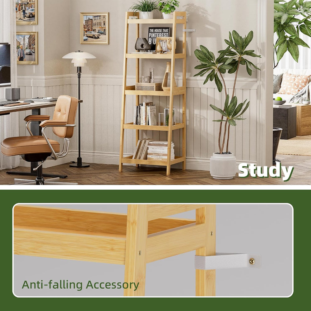 Bookshelf, 5 Tier Ladder Bookcase with Bamboo Frame, Freestanding Tall Narrow...