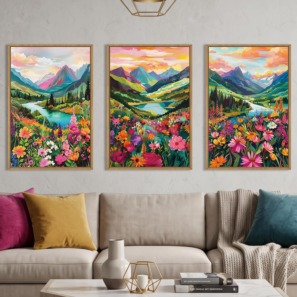 Colorful Mountain Floral Framed Canvas Wall Art Set-16"x24"x3