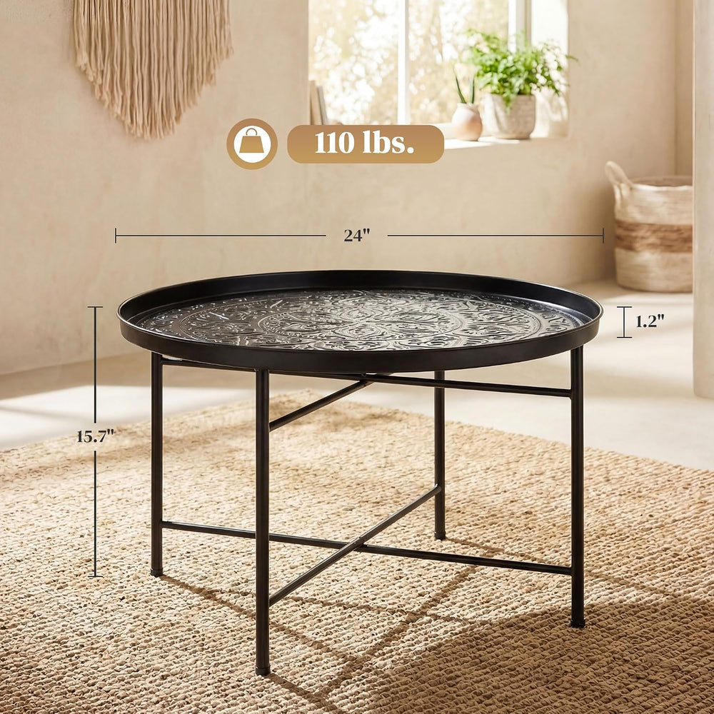 HOMCOM 24" Hammered Round Coffee Table Vintage Metal Side Table Black