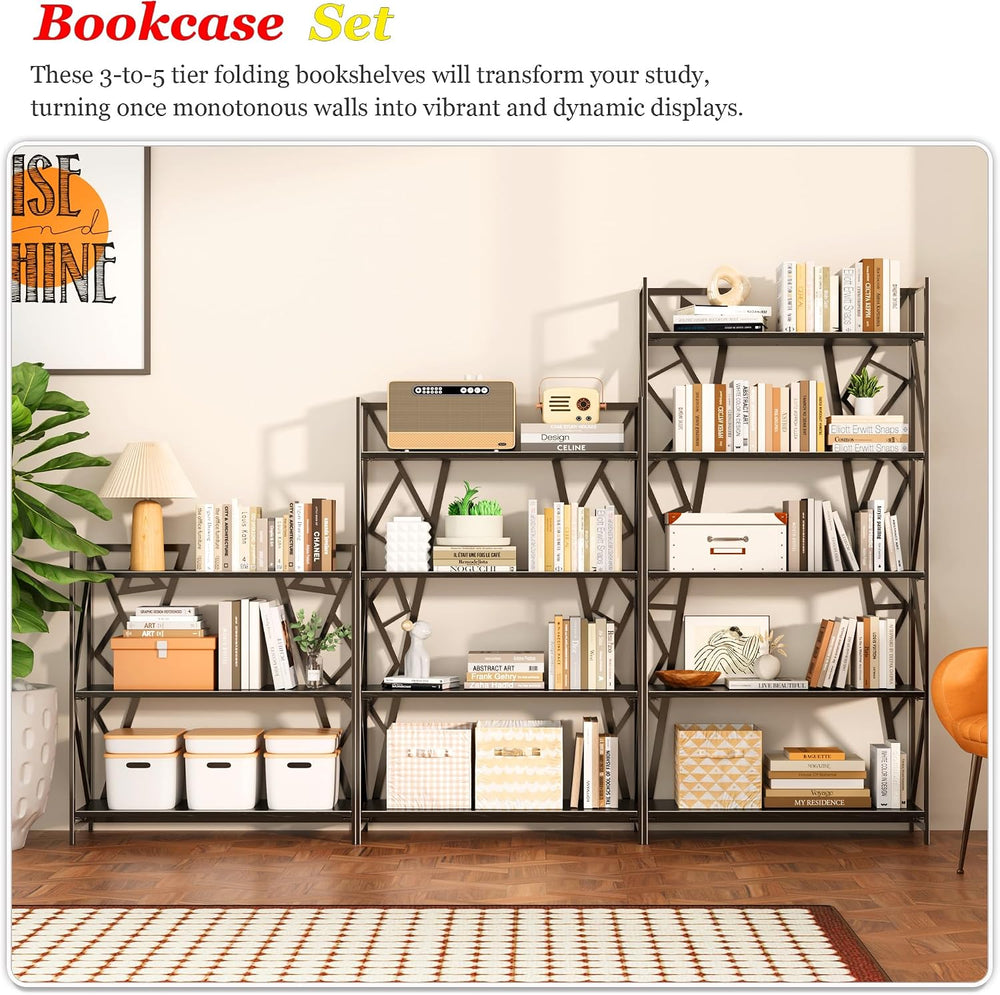 UDD No Assembly Wide Folding Bookshelf, 34" H x 30.9" W, 3 Tier Fol...