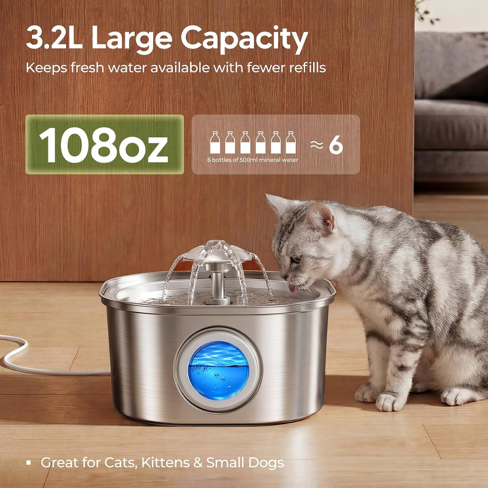 PEKTACO Cat Water Fountain, 3.2L Stainless Steel Pet Fountain, 1 Filter