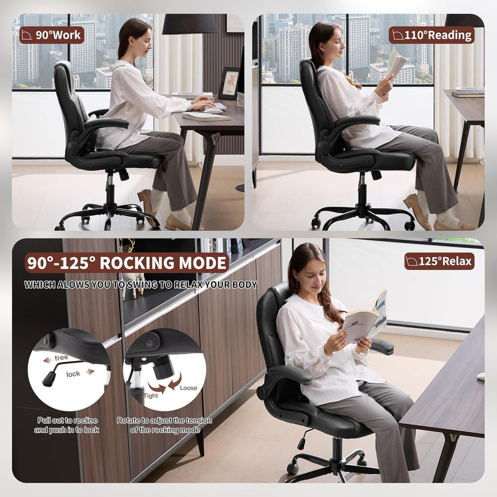 Leather Office Chair Swivel Lumbar Support for Short People Black