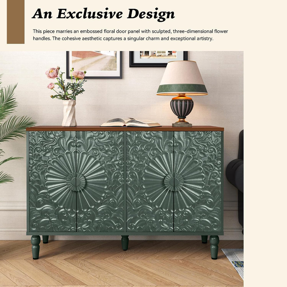 Accent Cabinet with 4 Vintage Carved Flower Doors, Green