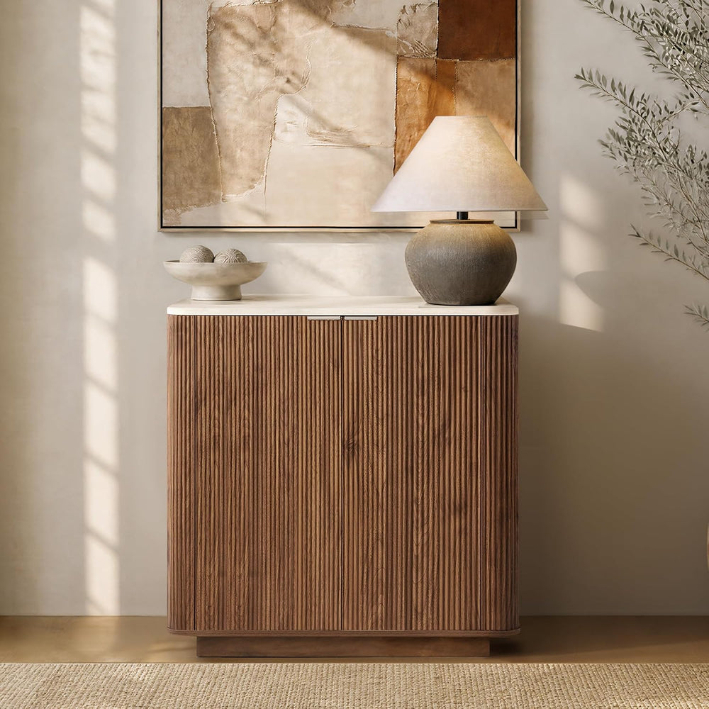 KISLOT 32" Fluted Buffet Sideboard with Storage Cabinet, Walnut
