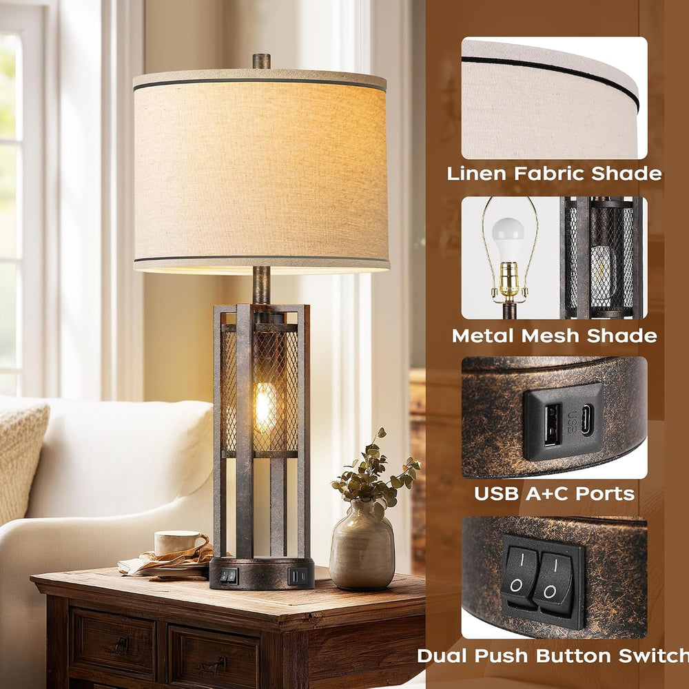 28'' Farmhouse Industrial Table Lamp Set of 2 - Rustic Bedside Nights...
